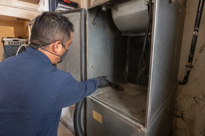 Person holding a hose brush inside an open metal air-handling cabinet