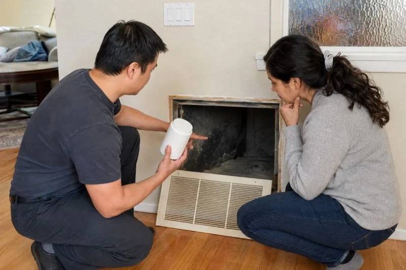 Two people crouching beside an open wall return, one holding a white cylindrical container and pointing inside.