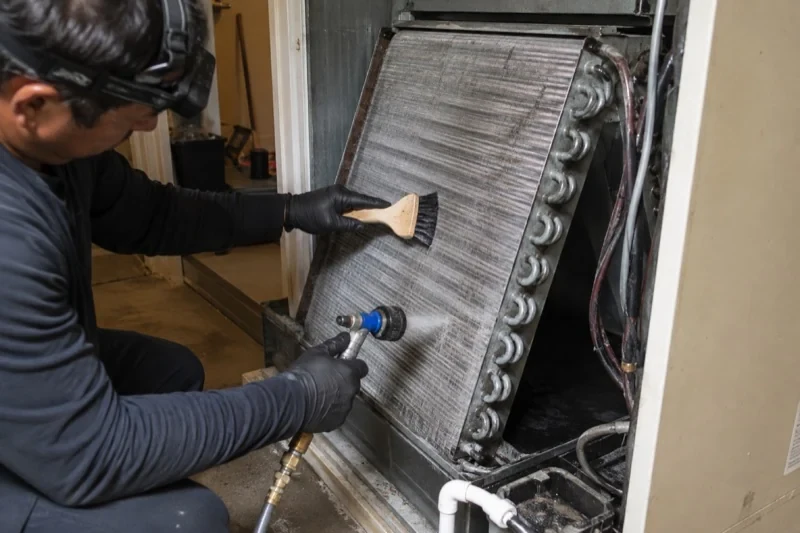 Person holding a brush and spray nozzle against an exposed finned HVAC coil