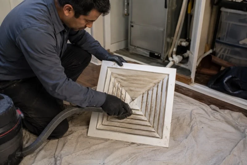 Person holding a hose brush against a detached square vent diffuser on a drop cloth