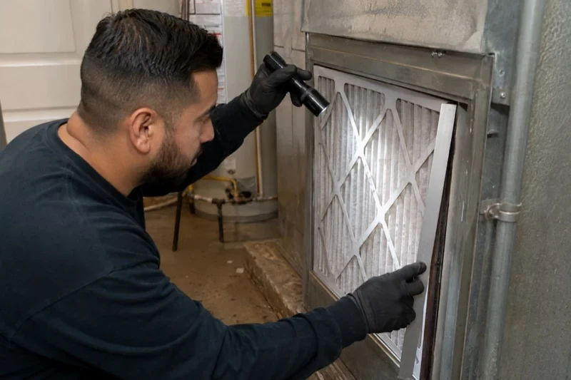 Person holding a flashlight beside a pleated filter in a metal cabinet