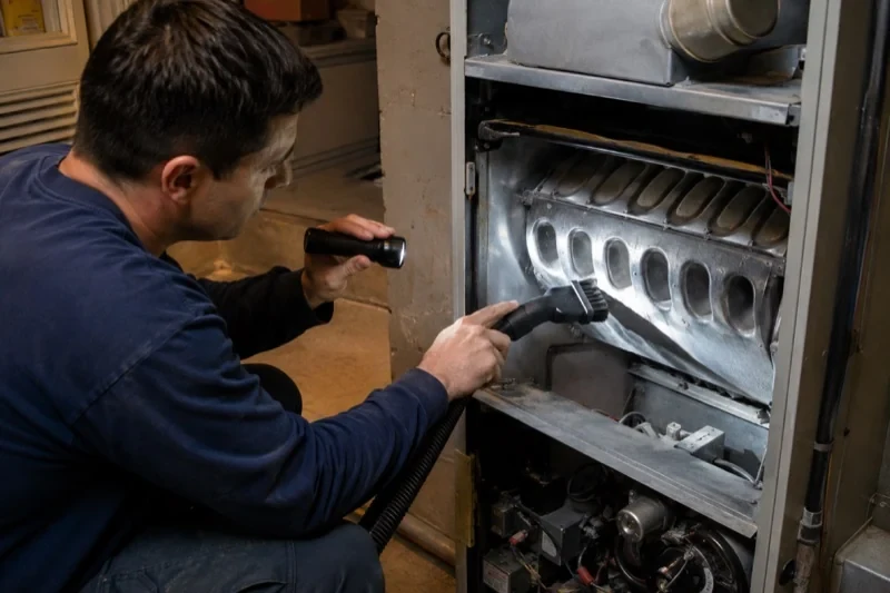Person holding a flashlight and brush attachment beside exposed metal components inside a furnace cabinet