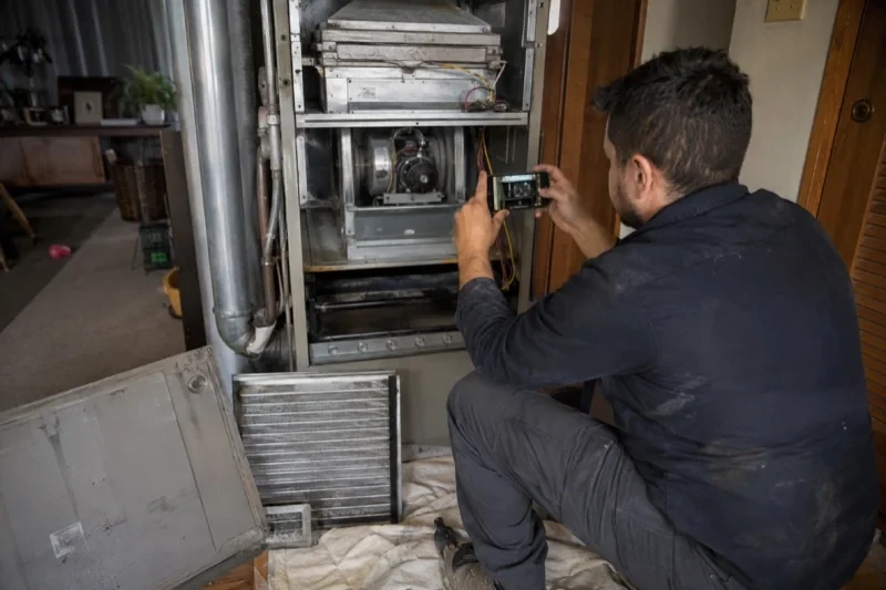 Person photographing an open furnace cabinet with a small camera, with access panels and a pleated filter leaning below.
