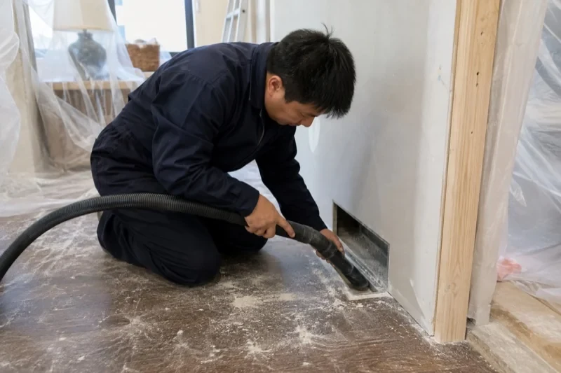 Person vacuuming a low wall opening in a room with dust on the floor and plastic sheeting over nearby furnishings.