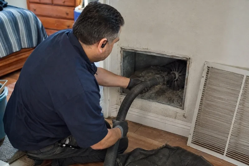 Person holding a hose and brush inside an open wall return beside its removed grille