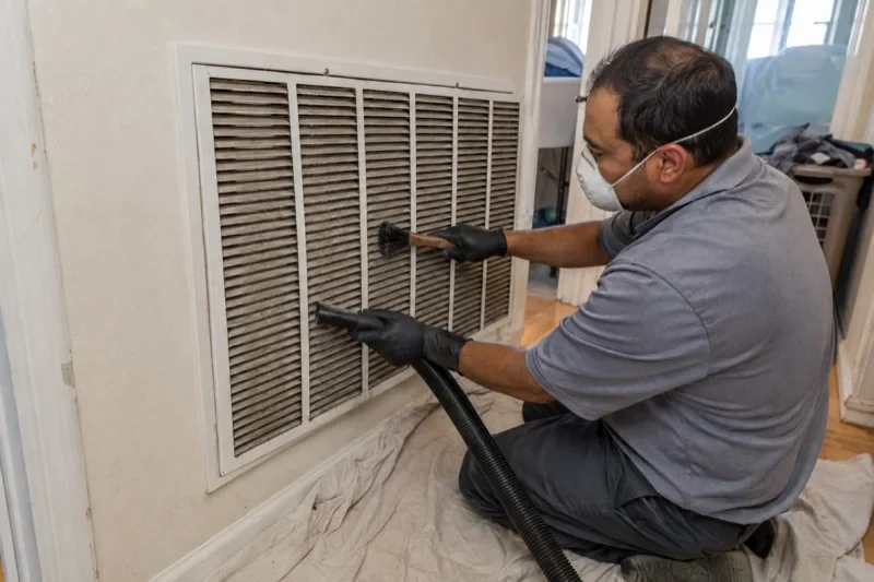 Person using a small brush and vacuum hose against a dusty wall return grille.