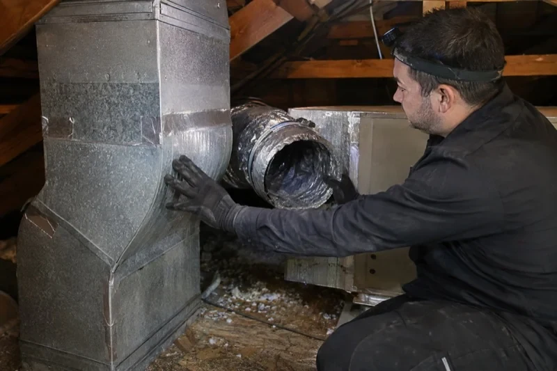 Person wearing a headlamp holding an open flexible duct beside rectangular metal ductwork in an attic.