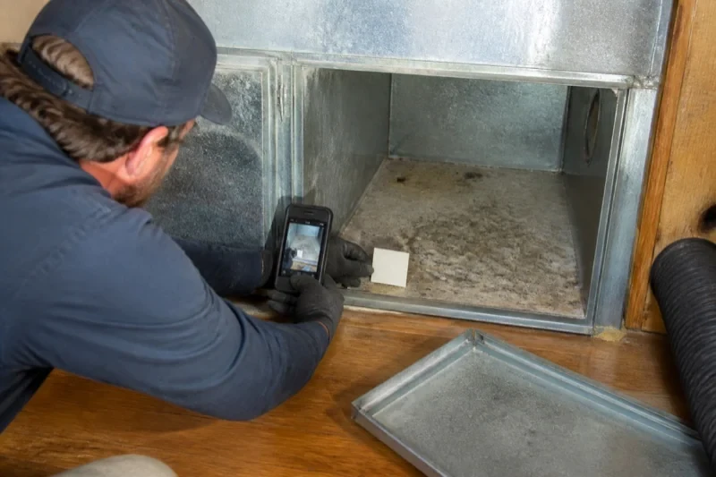 Person photographing the dusty floor of an open metal duct with a phone and holding a small white card beside it.