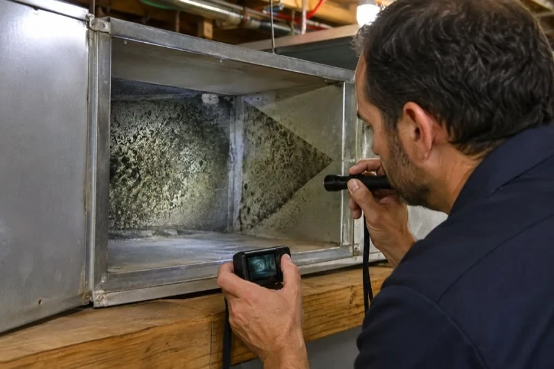 Person holding a flashlight and small camera beside an open metal duct with dark speckled deposits on its inner walls.