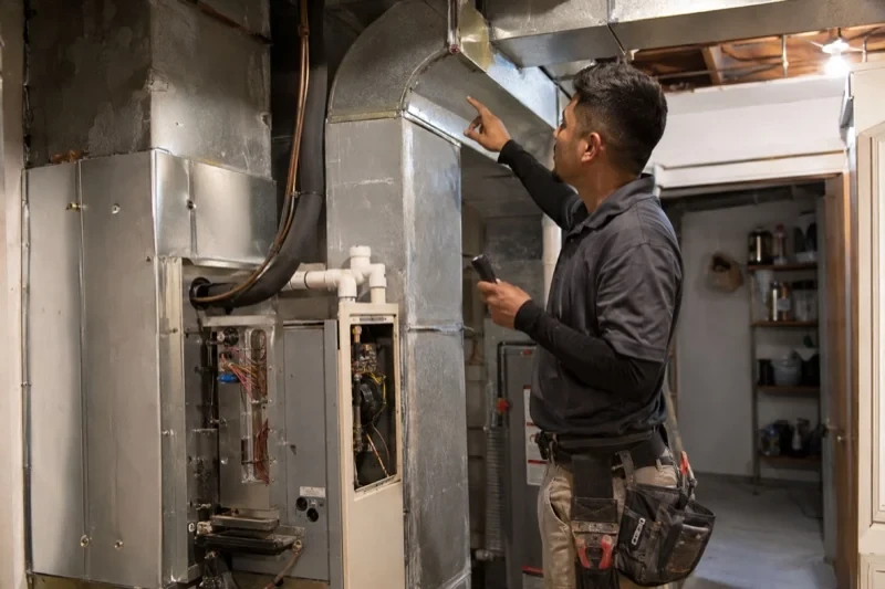 Person pointing at sheet-metal ductwork beside an open furnace cabinet while holding a flashlight